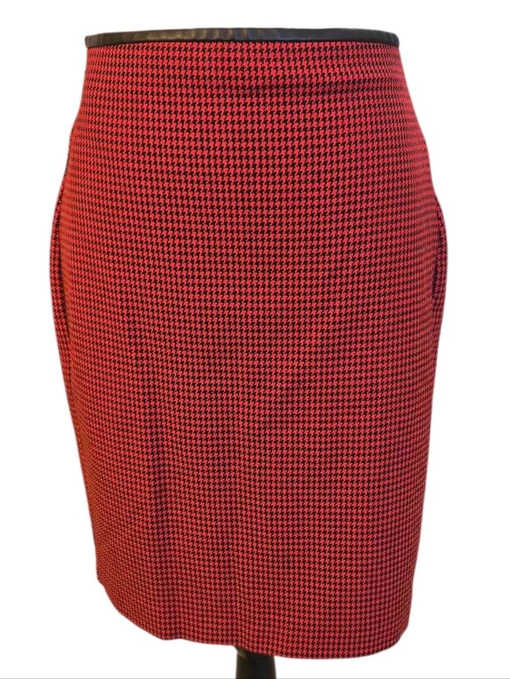 Express Red and Black Houndstooth Pencil Skirt with Black Waist Trim Sz 4